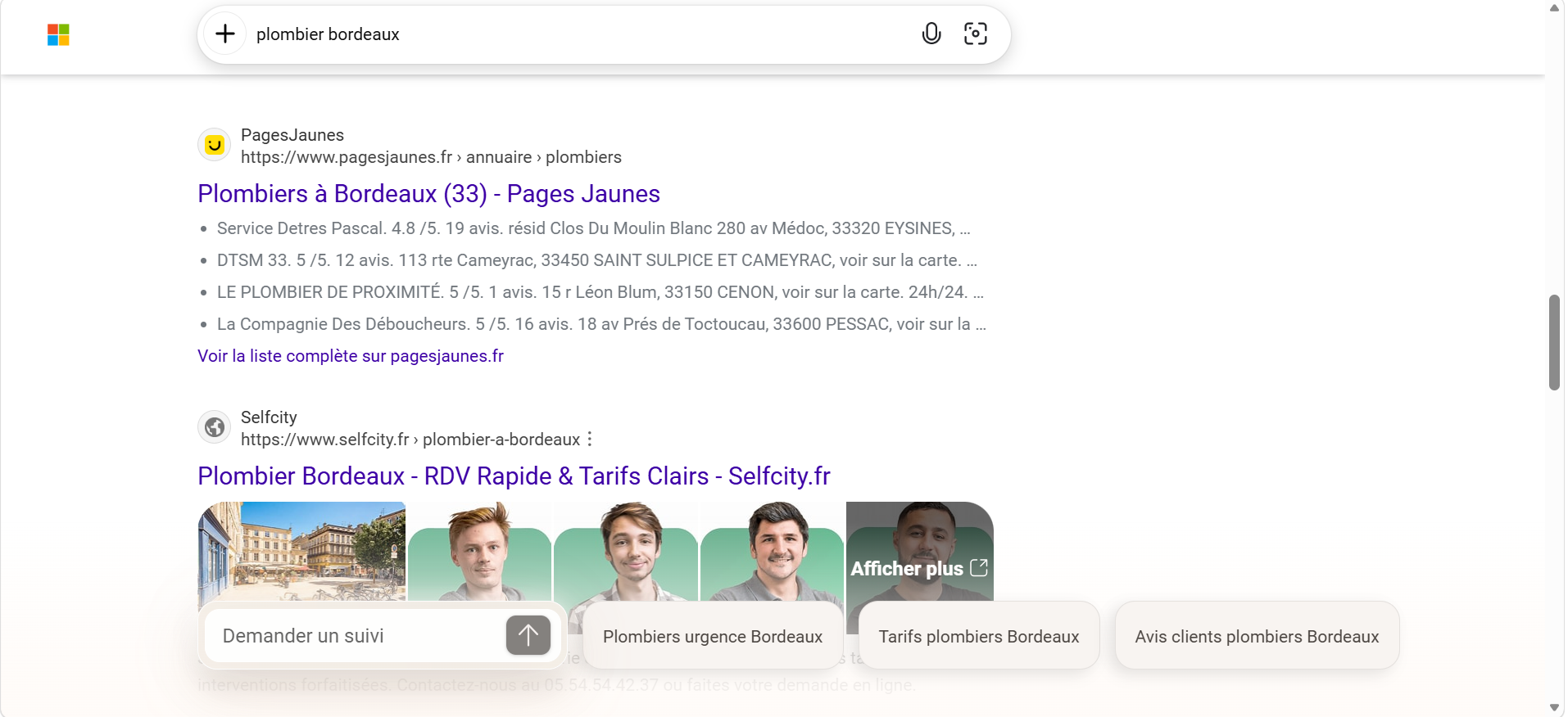 Capture Google Selfcity premier sur la recherche plombier Bordeaux