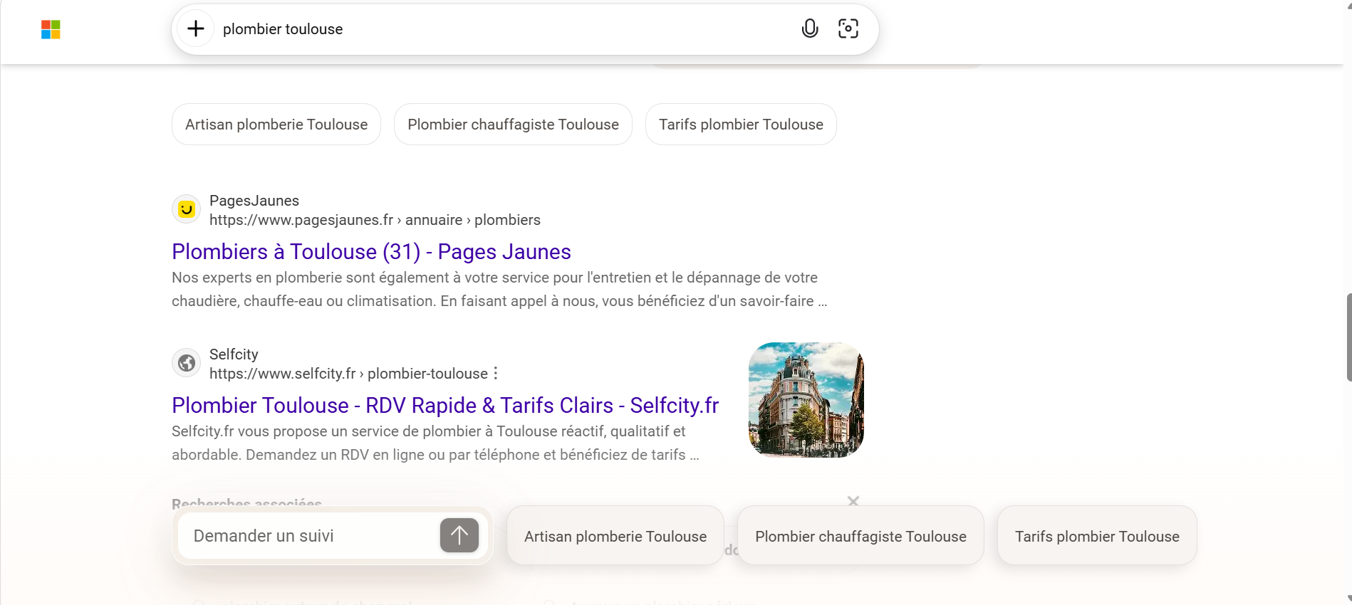 Capture Google Selfcity deuxième sur la recherche plombier Toulouse